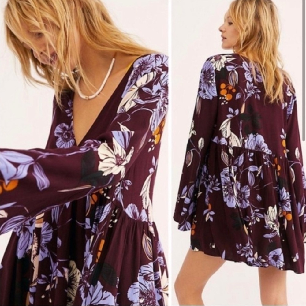 Free People Bella Floral Bell Sleeve Tunic Maroon Print V-Neck Blouse XS